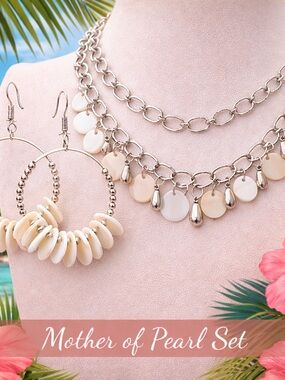 Mother of Pearl Necklace and Earring Set Silver Tone Tropical